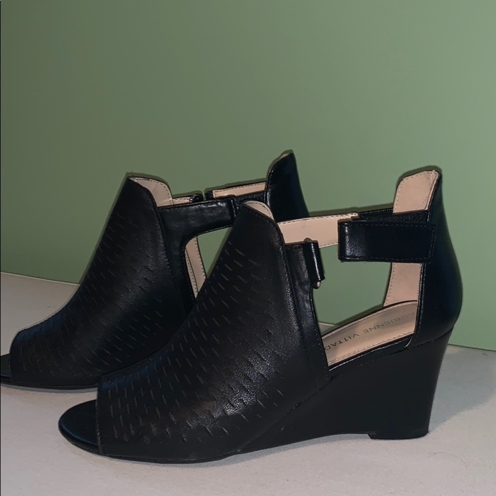 Adrienne Vittadini Wedge open-toe booties.